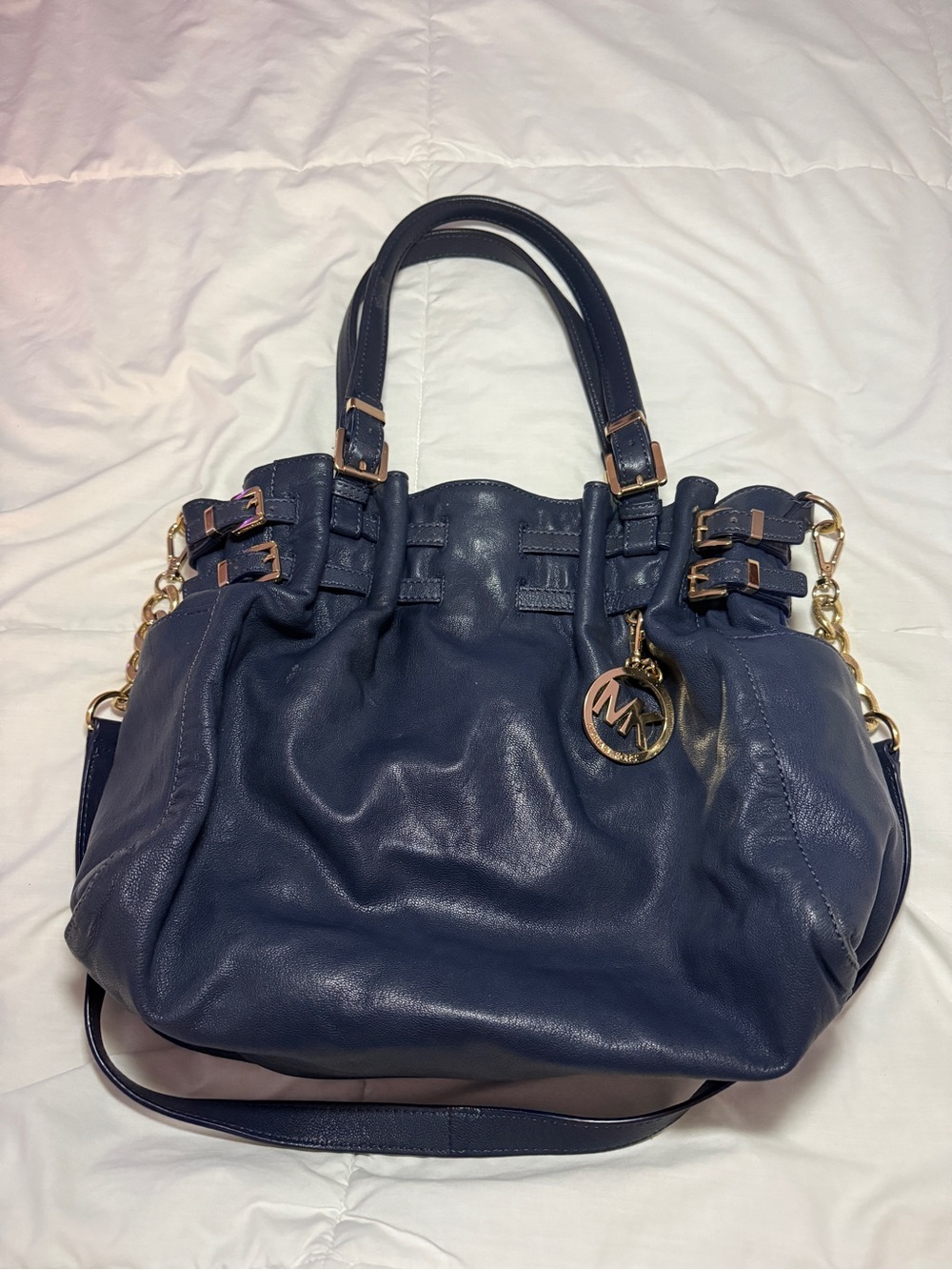 Michael Kors Navy Leather Tote with Gold Hardware
